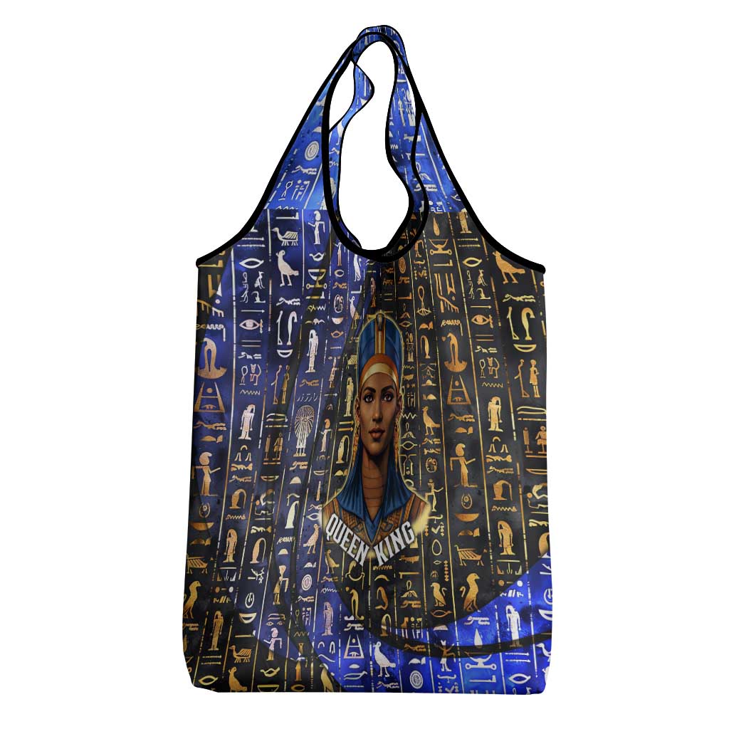 Hatshepsut Grocery Bag with Queen King Portrait, Temple Illustration and Blue-Gold Hieroglyphic - African Pride