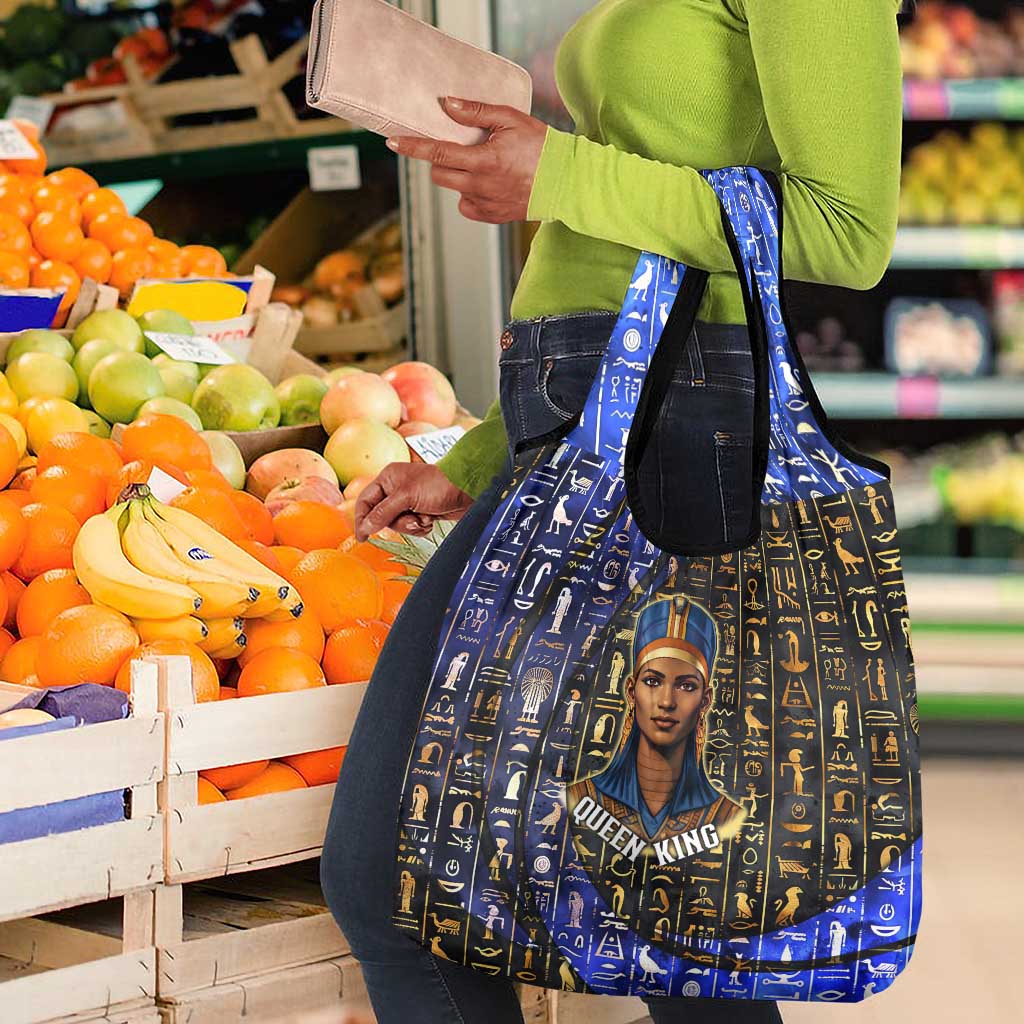 Hatshepsut Grocery Bag with Queen King Portrait, Temple Illustration and Blue-Gold Hieroglyphic - African Pride