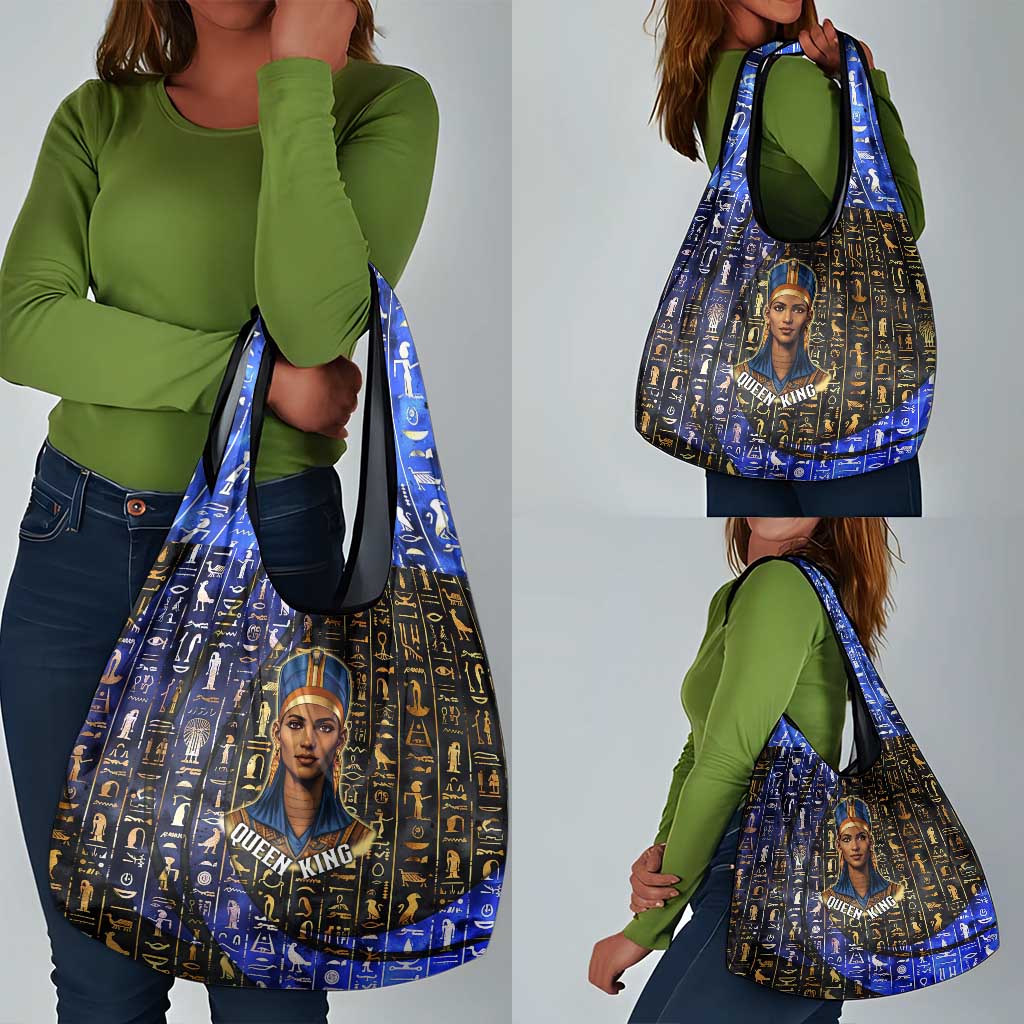 Hatshepsut Grocery Bag with Queen King Portrait, Temple Illustration and Blue-Gold Hieroglyphic - African Pride