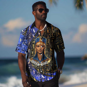 Hatshepsut Hawaiian Shirt with Queen King Portrait, Temple Illustration and Blue-Gold Hieroglyphic - African Pride