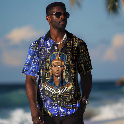 Hatshepsut Hawaiian Shirt with Queen King Portrait, Temple Illustration and Blue-Gold Hieroglyphic - African Pride
