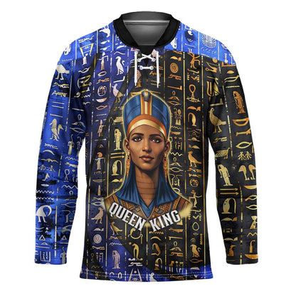Hatshepsut Hockey Jersey with Queen King Portrait, Temple Illustration and Blue-Gold Hieroglyphic - African Pride