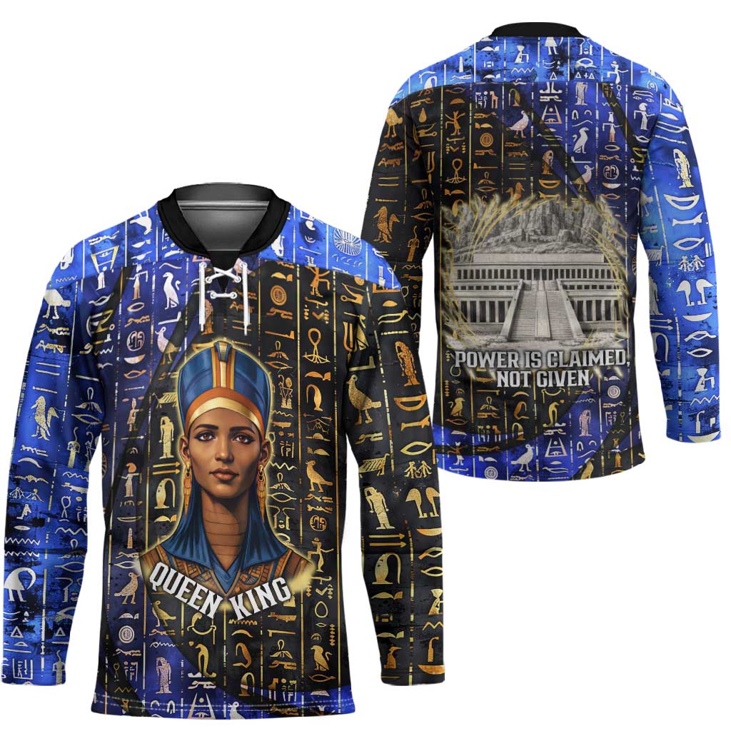 Hatshepsut Hockey Jersey with Queen King Portrait, Temple Illustration and Blue-Gold Hieroglyphic - African Pride