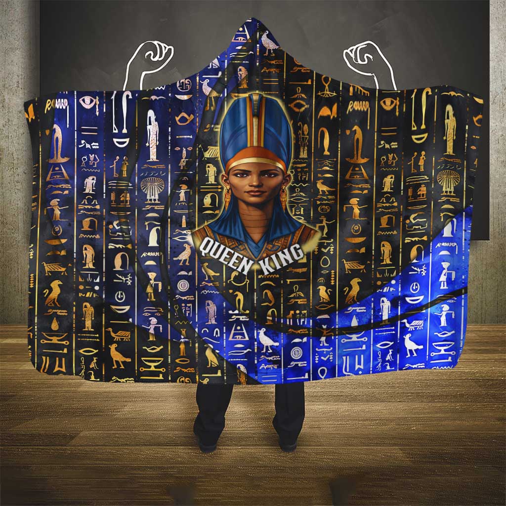 Hatshepsut Hooded Blanket with Queen King Portrait, Temple Illustration and Blue-Gold Hieroglyphic - African Pride