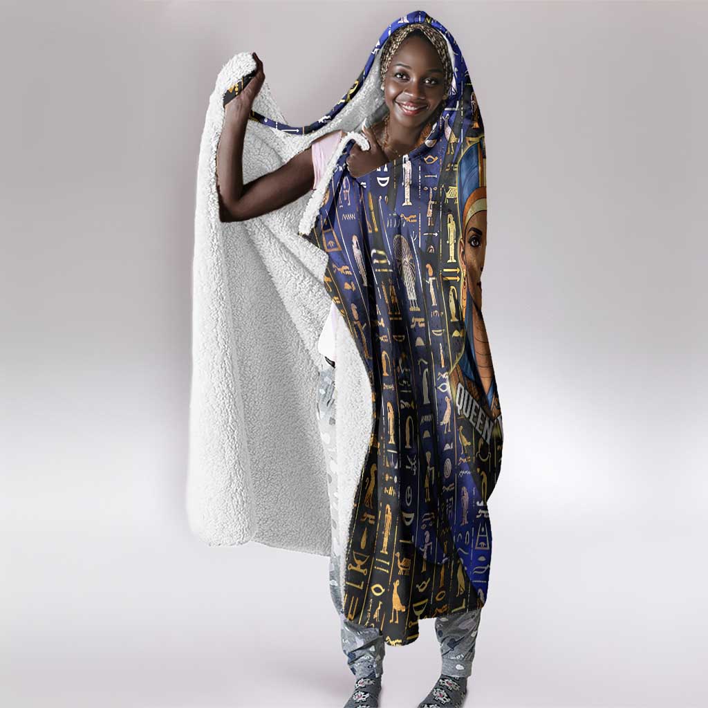 Hatshepsut Hooded Blanket with Queen King Portrait, Temple Illustration and Blue-Gold Hieroglyphic - African Pride