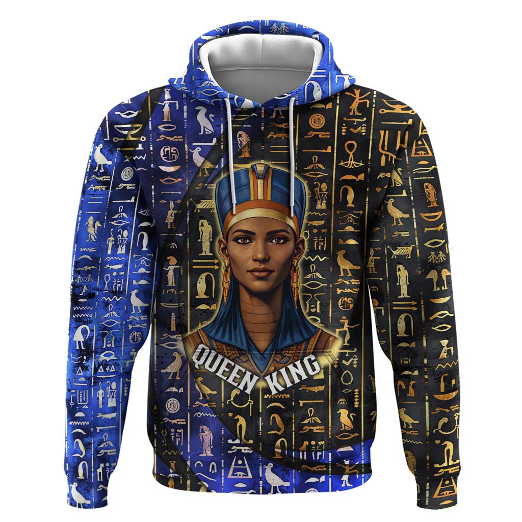 Hatshepsut Hoodie with Queen King Portrait, Temple Illustration and Blue-Gold Hieroglyphic - African Pride