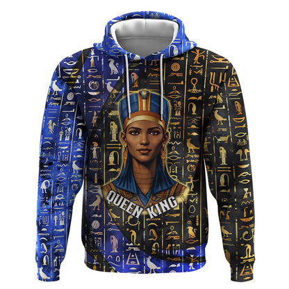 Hatshepsut Hoodie with Queen King Portrait, Temple Illustration and Blue-Gold Hieroglyphic - African Pride
