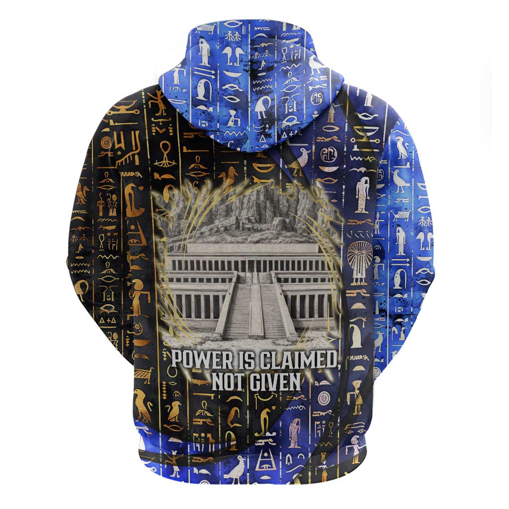 Hatshepsut Hoodie with Queen King Portrait, Temple Illustration and Blue-Gold Hieroglyphic - African Pride