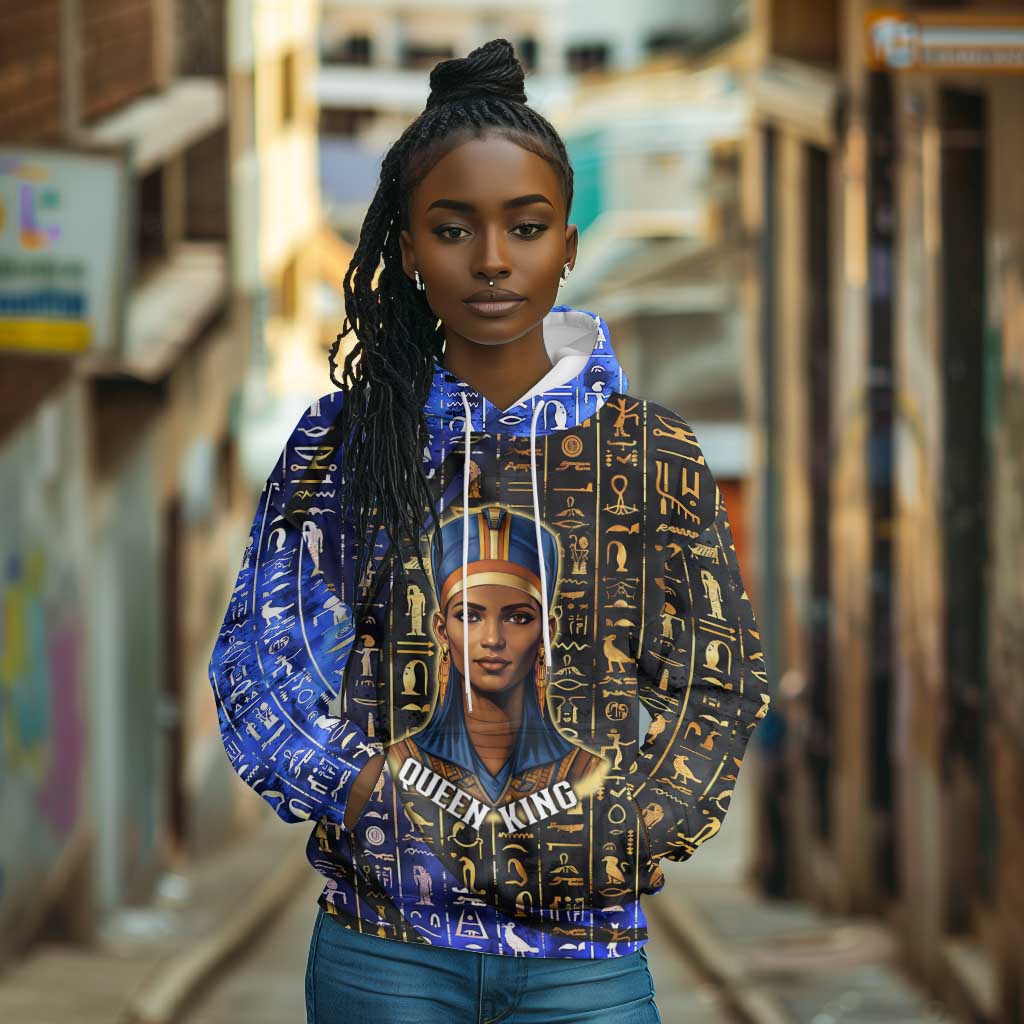 Hatshepsut Hoodie with Queen King Portrait, Temple Illustration and Blue-Gold Hieroglyphic - African Pride