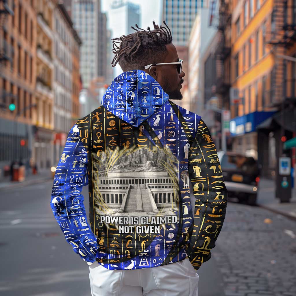 Hatshepsut Hoodie with Queen King Portrait, Temple Illustration and Blue-Gold Hieroglyphic - African Pride