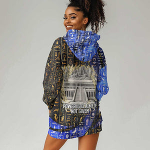 Hatshepsut Hoodie Dress with Queen King Portrait, Temple Illustration and Blue-Gold Hieroglyphic - African Pride