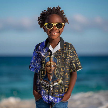 Hatshepsut Kid Hawaiian Shirt with Queen King Portrait, Temple Illustration and Blue-Gold Hieroglyphic - African Pride