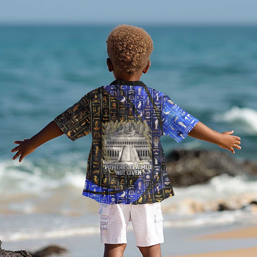 Hatshepsut Kid Hawaiian Shirt with Queen King Portrait, Temple Illustration and Blue-Gold Hieroglyphic - African Pride
