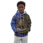 Hatshepsut Kid Hoodie with Queen King Portrait, Temple Illustration and Blue-Gold Hieroglyphic - African Pride