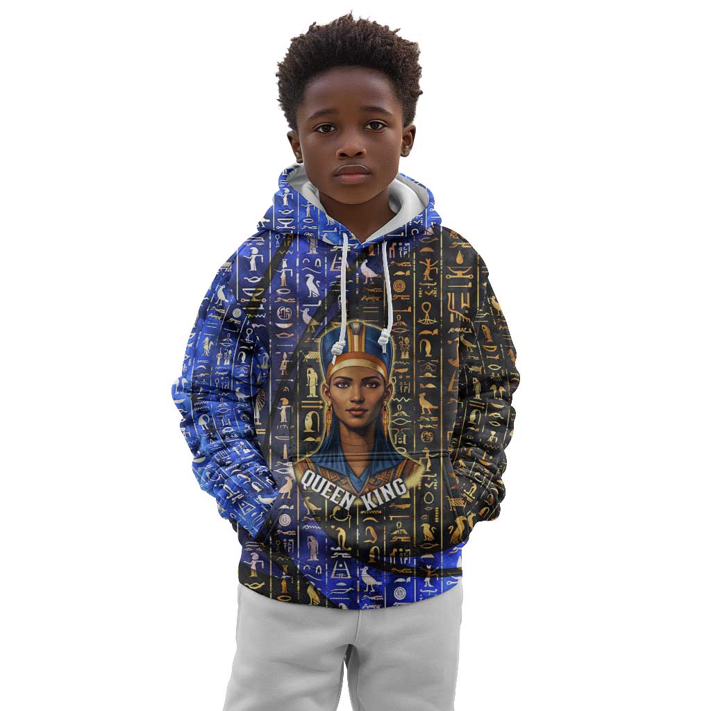 Hatshepsut Kid Hoodie with Queen King Portrait, Temple Illustration and Blue-Gold Hieroglyphic - African Pride