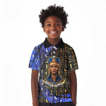 Hatshepsut Kid Polo Shirt with Queen King Portrait, Temple Illustration and Blue-Gold Hieroglyphic - African Pride
