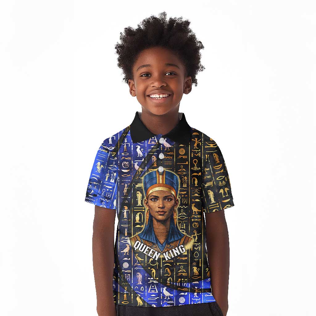 Hatshepsut Kid Polo Shirt with Queen King Portrait, Temple Illustration and Blue-Gold Hieroglyphic - African Pride