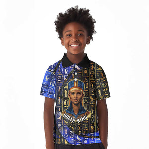 Hatshepsut Kid Polo Shirt with Queen King Portrait, Temple Illustration and Blue-Gold Hieroglyphic - African Pride