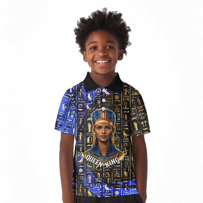 Hatshepsut Kid Polo Shirt with Queen King Portrait, Temple Illustration and Blue-Gold Hieroglyphic - African Pride