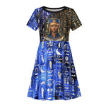 Hatshepsut Kid Short Sleeve Dress with Queen King Portrait, Temple Illustration and Blue-Gold Hieroglyphic - African Pride