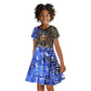 Hatshepsut Kid Short Sleeve Dress with Queen King Portrait, Temple Illustration and Blue-Gold Hieroglyphic - African Pride