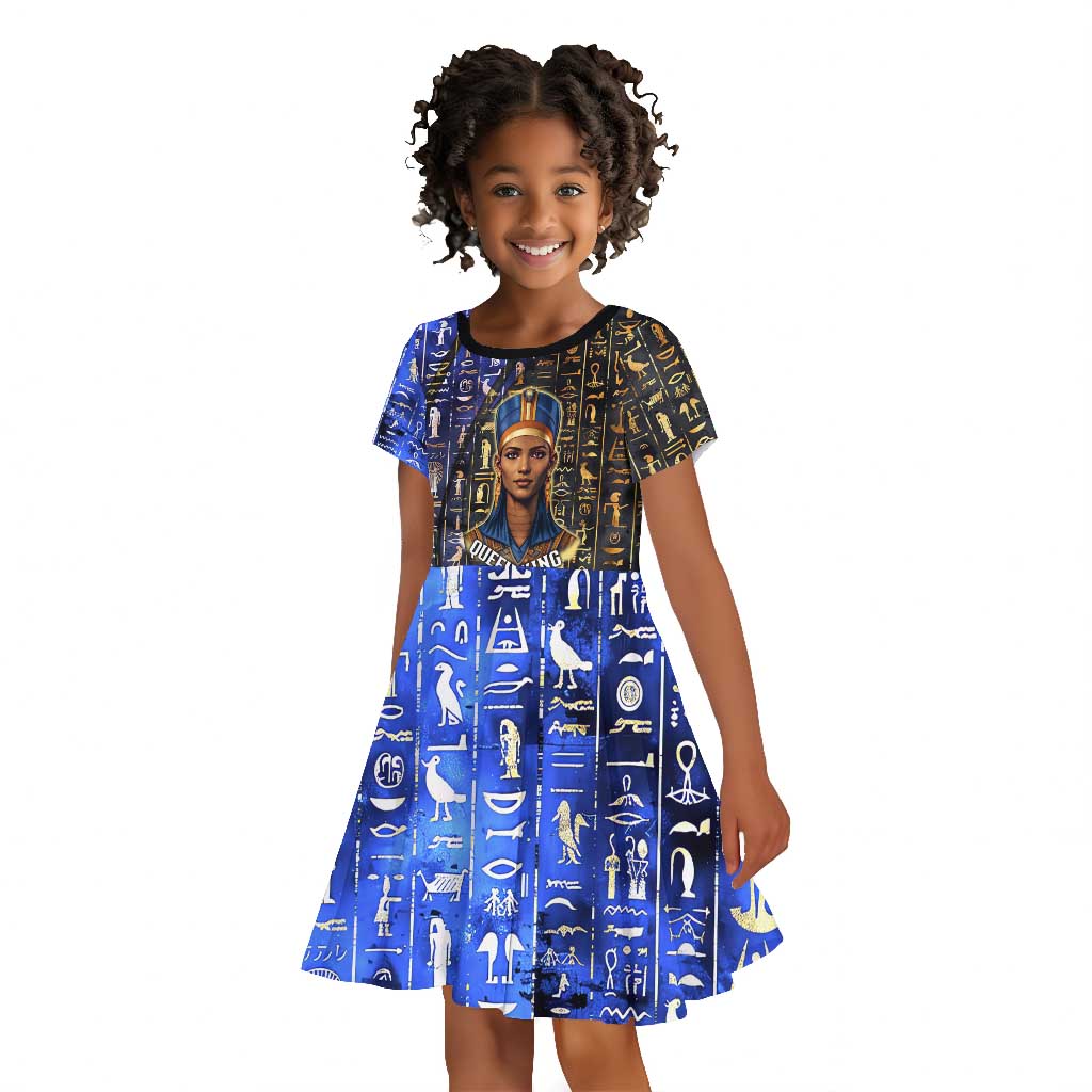 Hatshepsut Kid Short Sleeve Dress with Queen King Portrait, Temple Illustration and Blue-Gold Hieroglyphic - African Pride