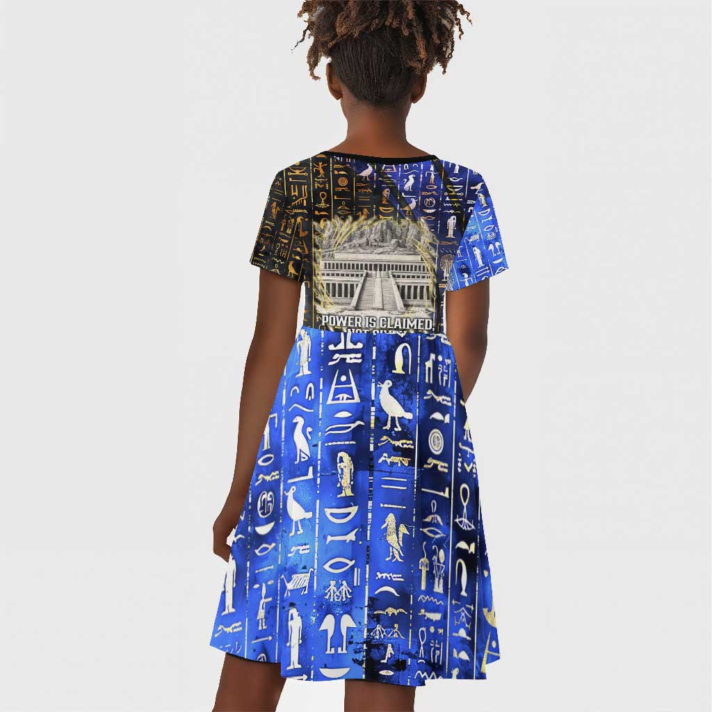 Hatshepsut Kid Short Sleeve Dress with Queen King Portrait, Temple Illustration and Blue-Gold Hieroglyphic - African Pride