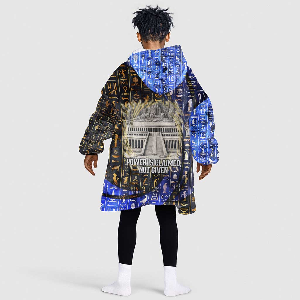 Hatshepsut Kid Wearable Blanket Hoodie with Queen King Portrait, Temple Illustration and Blue-Gold Hieroglyphic - African Pride