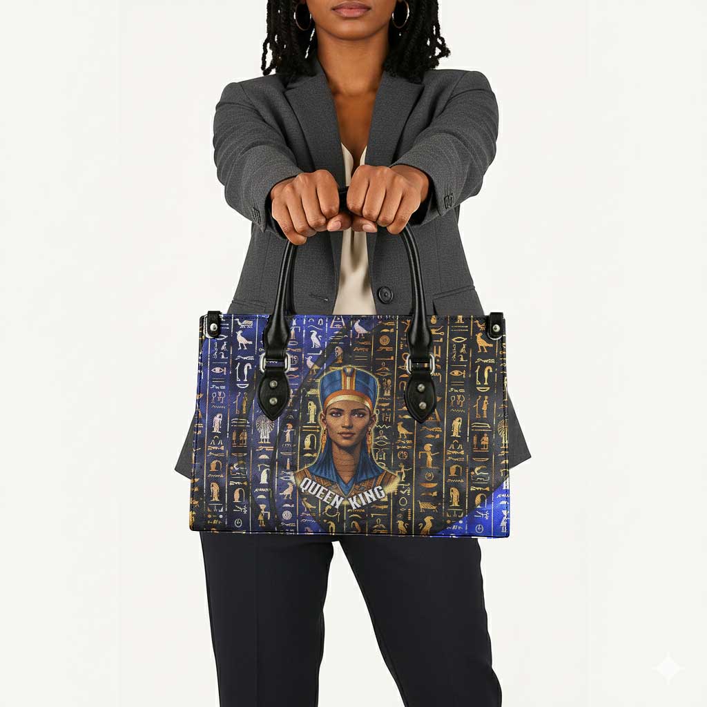 Hatshepsut Leather Bag with Queen King Portrait, Temple Illustration and Blue-Gold Hieroglyphic - African Pride
