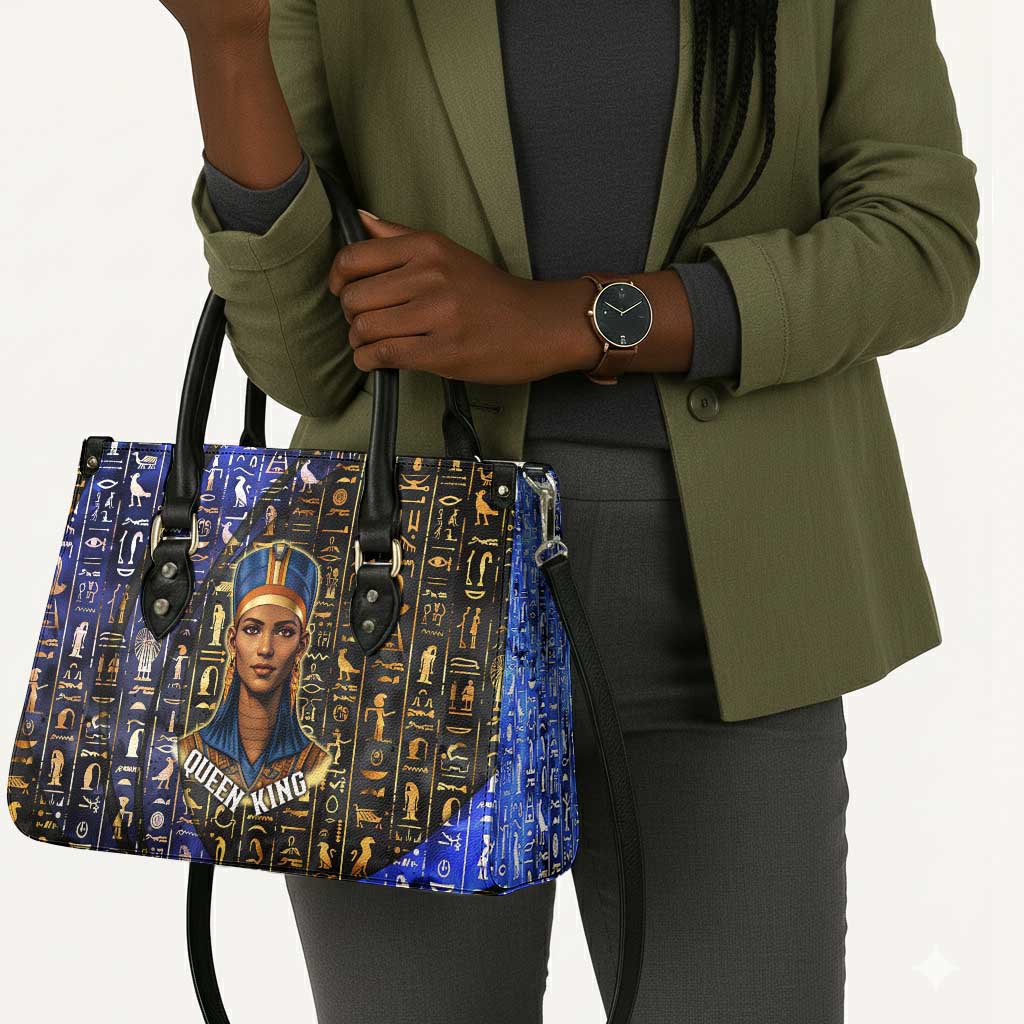 Hatshepsut Leather Bag with Queen King Portrait, Temple Illustration and Blue-Gold Hieroglyphic - African Pride