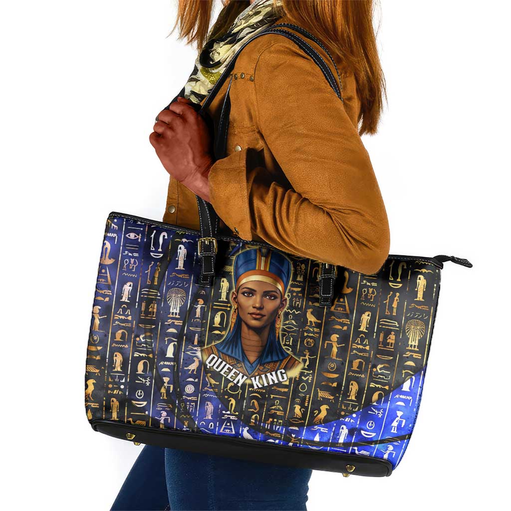 Hatshepsut Leather Tote Bag with Queen King Portrait, Temple Illustration and Blue-Gold Hieroglyphic - African Pride