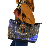 Hatshepsut Leather Tote Bag with Queen King Portrait, Temple Illustration and Blue-Gold Hieroglyphic - African Pride