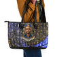 Hatshepsut Leather Tote Bag with Queen King Portrait, Temple Illustration and Blue-Gold Hieroglyphic - African Pride