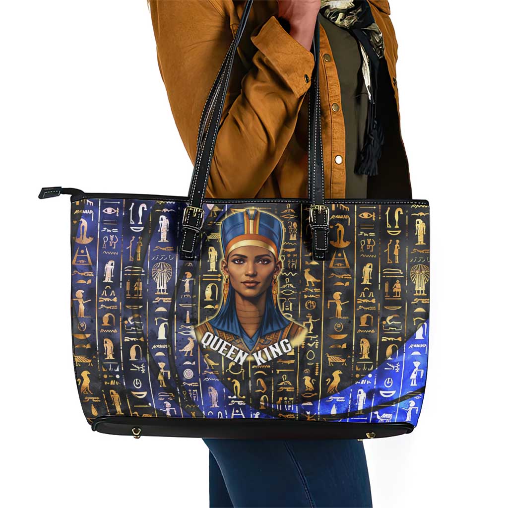 Hatshepsut Leather Tote Bag with Queen King Portrait, Temple Illustration and Blue-Gold Hieroglyphic - African Pride