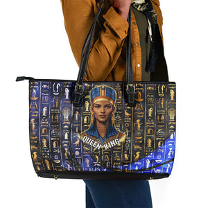 Hatshepsut Leather Tote Bag with Queen King Portrait, Temple Illustration and Blue-Gold Hieroglyphic - African Pride