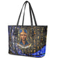 Hatshepsut Leather Tote Bag with Queen King Portrait, Temple Illustration and Blue-Gold Hieroglyphic - African Pride