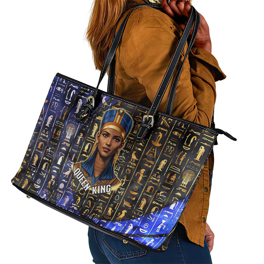 Hatshepsut Leather Tote Bag with Queen King Portrait, Temple Illustration and Blue-Gold Hieroglyphic - African Pride