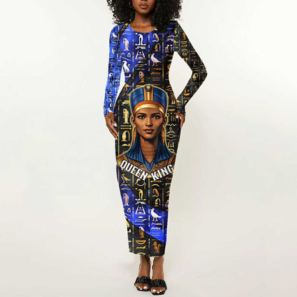 Hatshepsut Long Sleeve Bodycon Dress with Queen King Portrait, Temple Illustration and Blue-Gold Hieroglyphic - African Pride