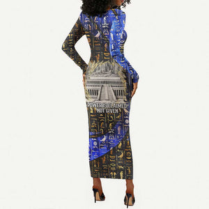 Hatshepsut Long Sleeve Bodycon Dress with Queen King Portrait, Temple Illustration and Blue-Gold Hieroglyphic - African Pride