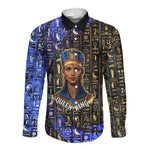 Hatshepsut Long Sleeve Button Shirt with Queen King Portrait, Temple Illustration and Blue-Gold Hieroglyphic - African Pride