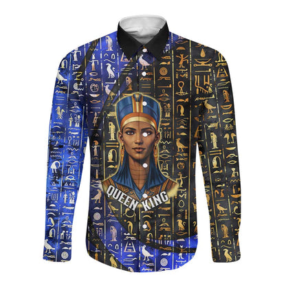 Hatshepsut Long Sleeve Button Shirt with Queen King Portrait, Temple Illustration and Blue-Gold Hieroglyphic - African Pride