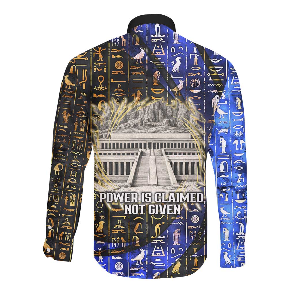 Hatshepsut Long Sleeve Button Shirt with Queen King Portrait, Temple Illustration and Blue-Gold Hieroglyphic - African Pride