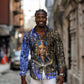 Hatshepsut Long Sleeve Button Shirt with Queen King Portrait, Temple Illustration and Blue-Gold Hieroglyphic - African Pride