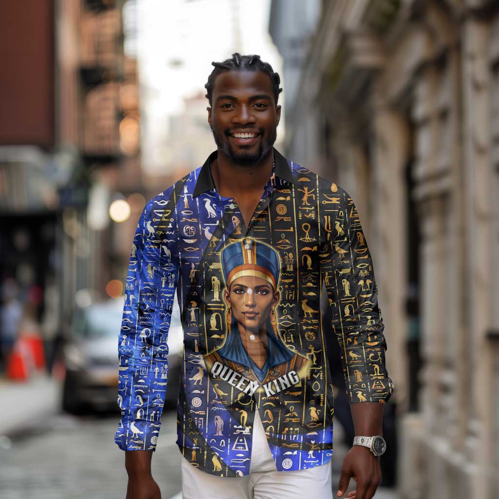 Hatshepsut Long Sleeve Button Shirt with Queen King Portrait, Temple Illustration and Blue-Gold Hieroglyphic - African Pride