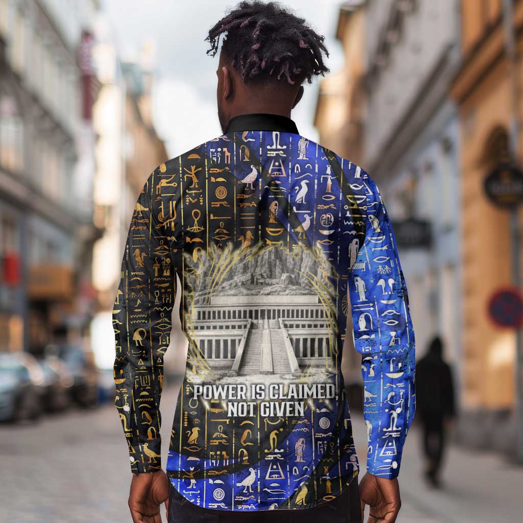 Hatshepsut Long Sleeve Button Shirt with Queen King Portrait, Temple Illustration and Blue-Gold Hieroglyphic - African Pride
