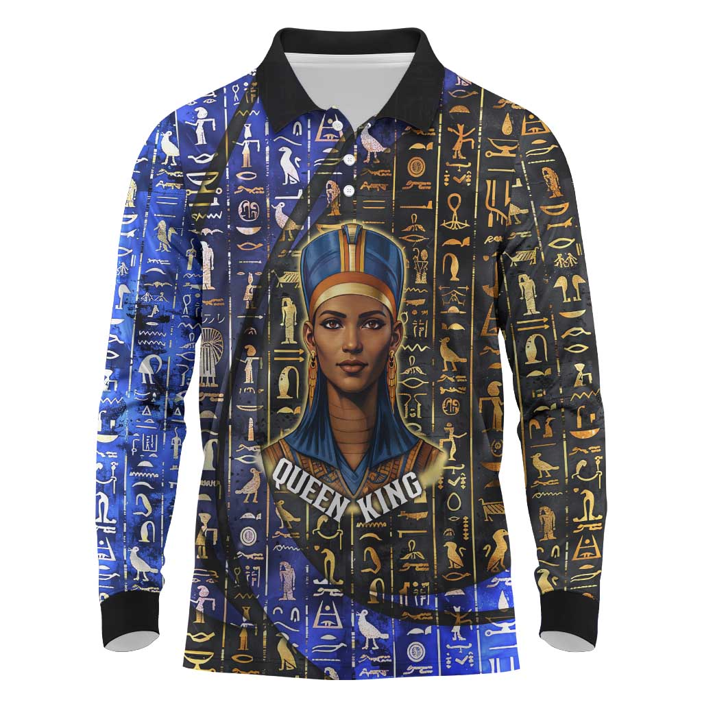 Hatshepsut Long Sleeve Polo Shirt with Queen King Portrait, Temple Illustration and Blue-Gold Hieroglyphic - African Pride