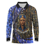 Hatshepsut Long Sleeve Polo Shirt with Queen King Portrait, Temple Illustration and Blue-Gold Hieroglyphic - African Pride