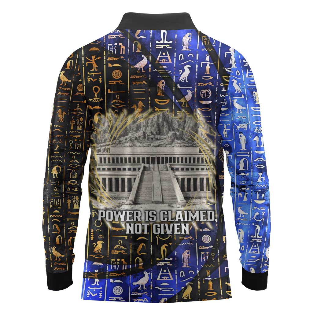 Hatshepsut Long Sleeve Polo Shirt with Queen King Portrait, Temple Illustration and Blue-Gold Hieroglyphic - African Pride