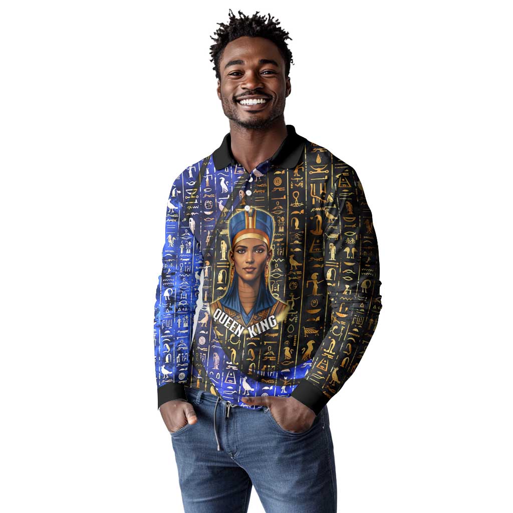 Hatshepsut Long Sleeve Polo Shirt with Queen King Portrait, Temple Illustration and Blue-Gold Hieroglyphic - African Pride