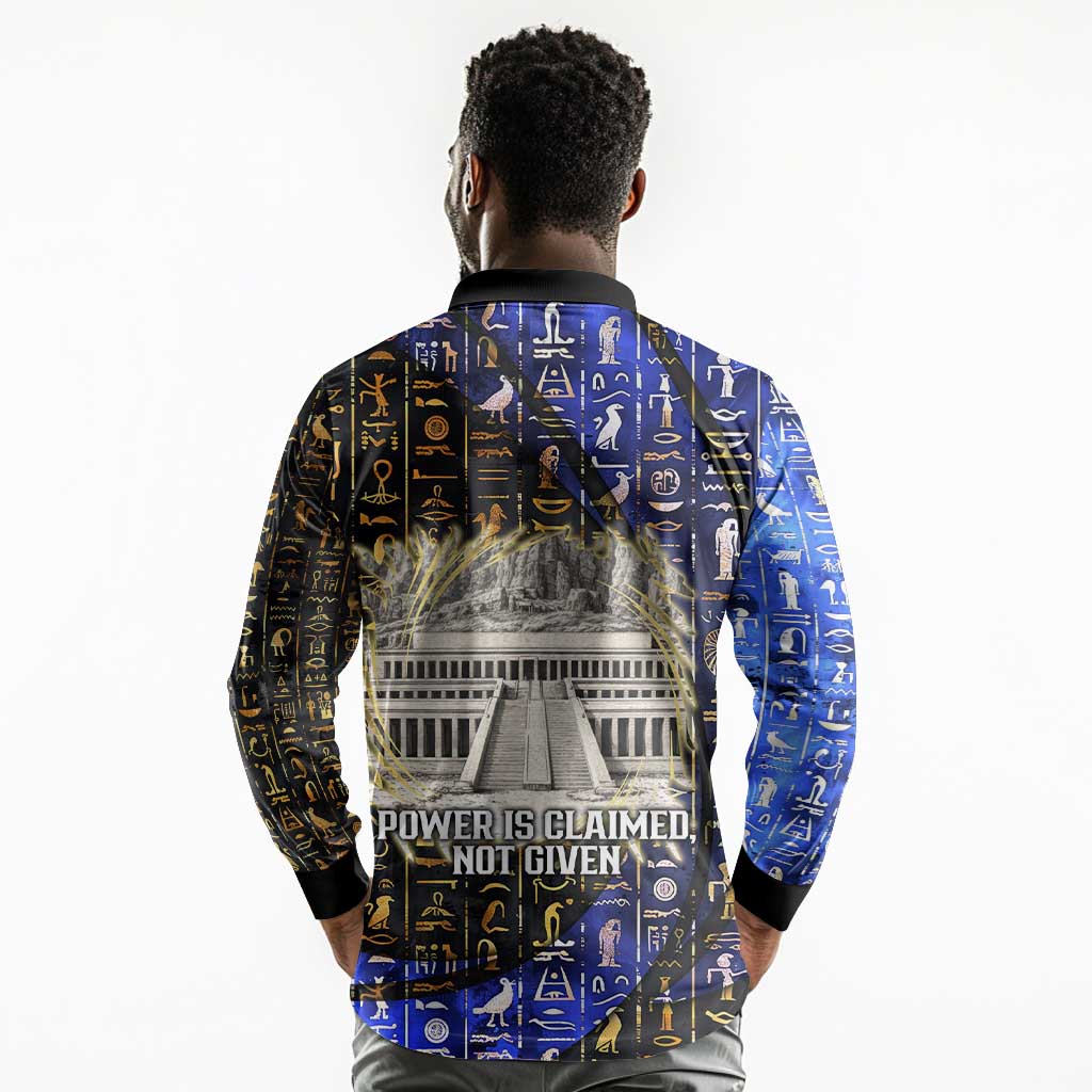 Hatshepsut Long Sleeve Polo Shirt with Queen King Portrait, Temple Illustration and Blue-Gold Hieroglyphic - African Pride
